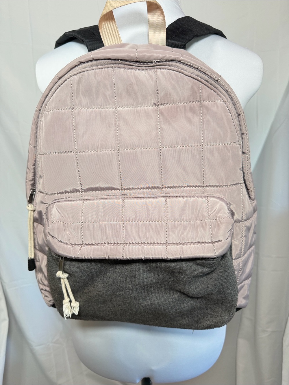 Quilted Light Taupe Backpack with Gray Front Pocket